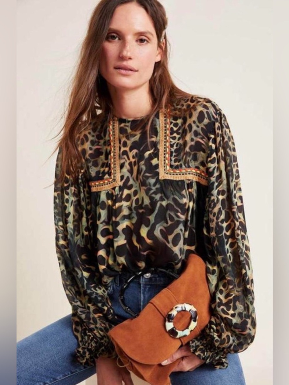 Anthropologie Bl-nk London Joelle Leopard Print Long Sleeve Peasant Blouse